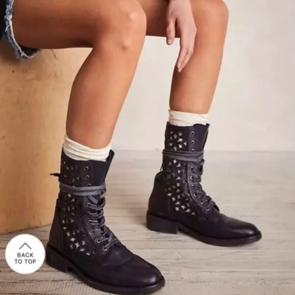 New Free People Black Leather Flower Cut Outs Power Lace-Up Zip Back Boo… - Picture 1 of 10